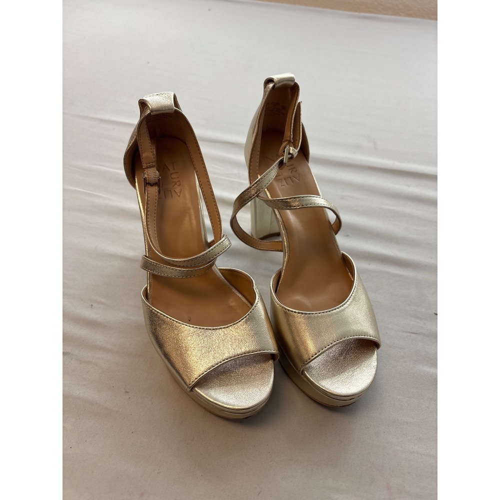 Naturalizer Melody Gold Metallic Leather Platform Block Heel Sandals 7.5M